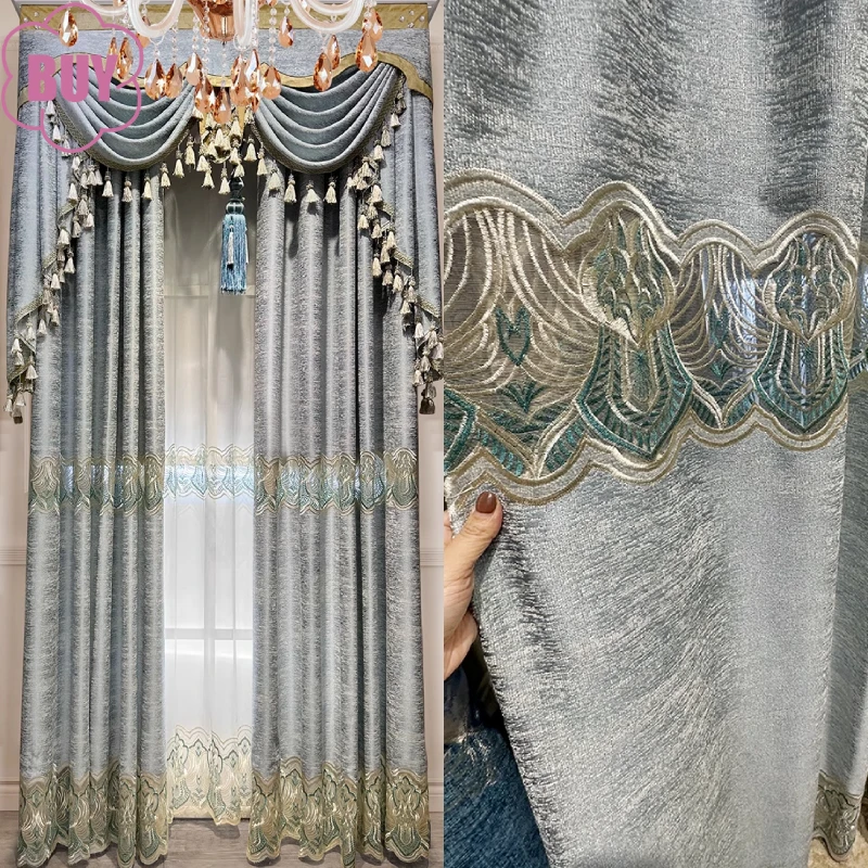 Grey Blue Embroidered Window Screen Thickened Hollow Chenille Curtains for Living Room Bedroom French Window Bay Window Balcony