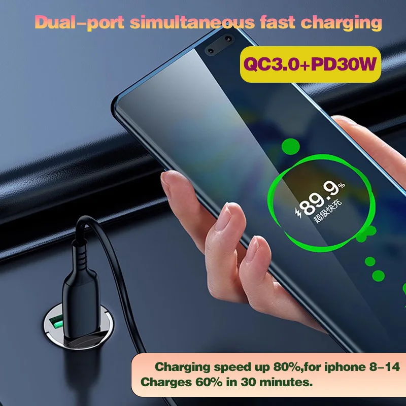 MAX 100W Invisible Mini Car Charger 2 Ports Car Charger Fast Charging PD30W/QC3.0Car Cigarette Lighter Flash Charge for phones