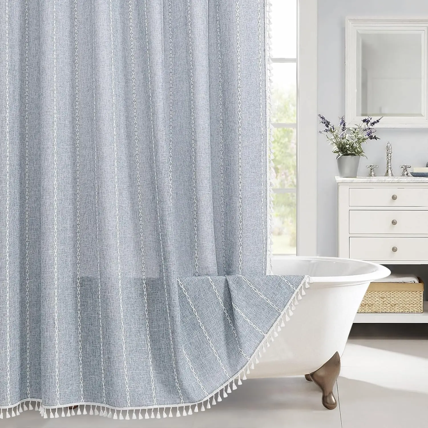 

Blue Boho Fabric Shower Curtain, Modern Farmhouse Polyester Linen Shower Curtains for Vintage Rustic Bathroom Decor, C