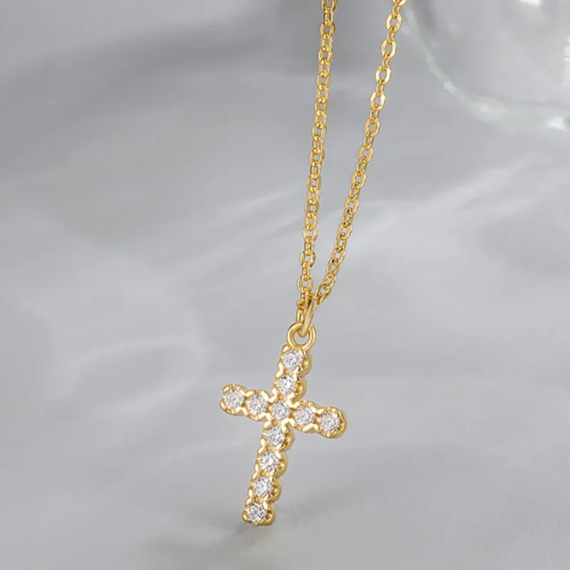 ANENJERY Fashion Female Shiny Zircon Cross Pendant Necklace For Women Golden Silver Color Chain Jewelry Accessories Wholesale