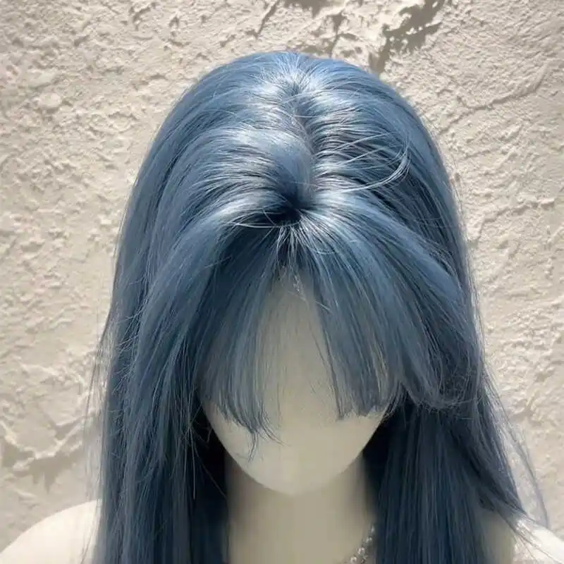 Long Straight Blue Grey Wig For Women Air Bangs Synthetic Hair Wig Natural Cool Tone Full Head Wig Daily Cosplay