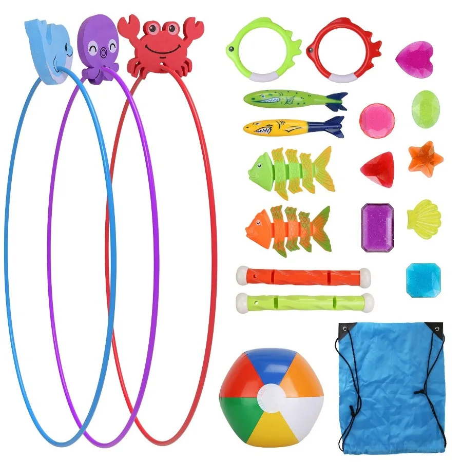 

24Pcs Diving Toys Swimming Pool Toys Swim Toys for Aged 3+ Years Old Swim Thru Rings Torpedoes Gems Volleyball Storage Bag