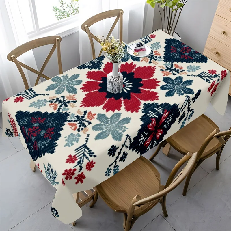 Ikat Floral Tablecloth, Cream Base Red Blue Ikat Flower Print Waterproof Table Cover, Washable for Bohemian Dining Decor