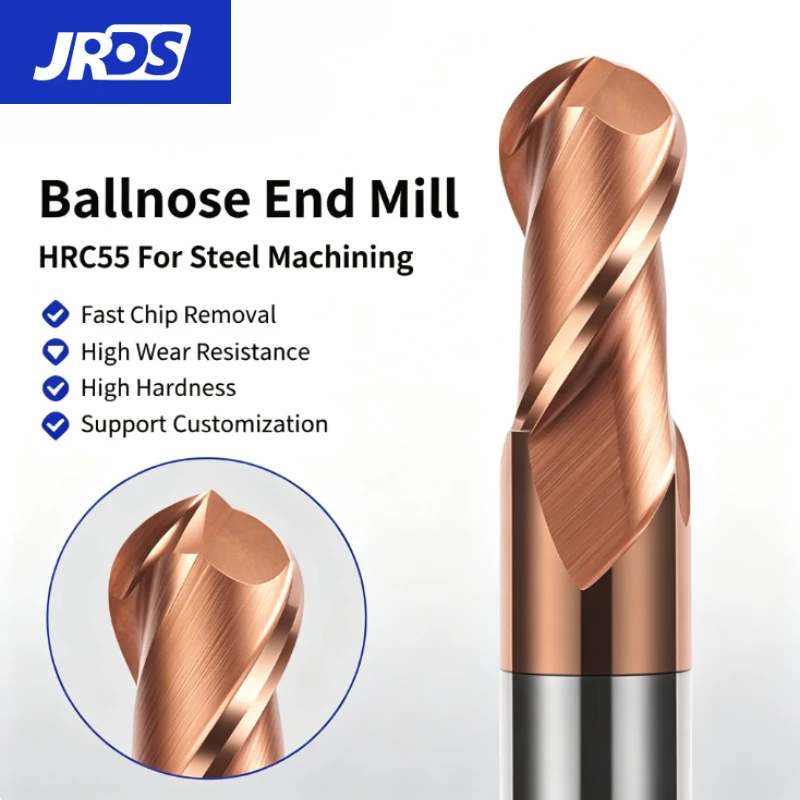 JRDS HRC55 Solid Carbide Ball Nose End Mill Bronze Coated 2 Flute CNC Milling Cutter for Steel Machining