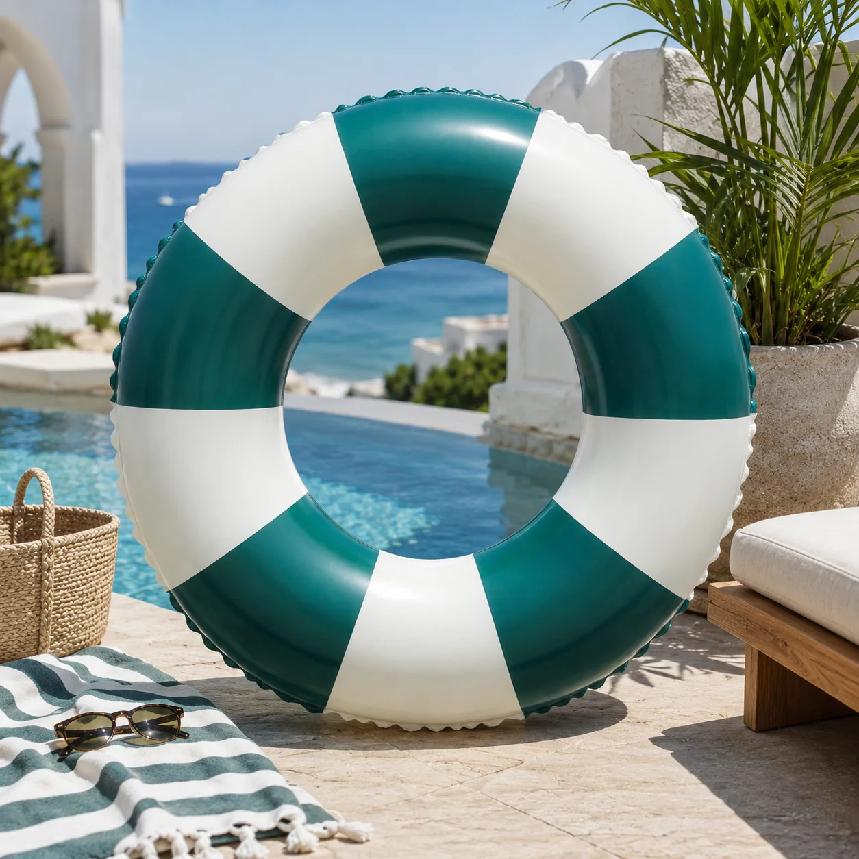 1pc Inflatable Swim Ring Pool Float Tube Green White Striped Swimming Circle for Pool Beach Lake Outdoor Summer Party