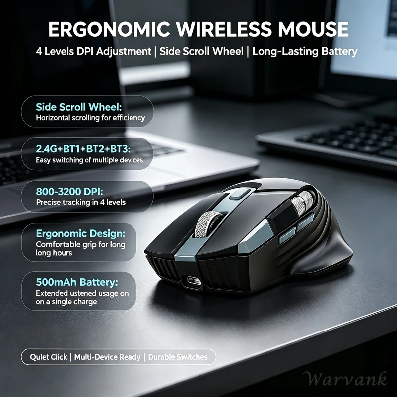 Warvank W1 Ergonomic Wireless Mouse With Side Scroll Wheel 3‑Channel Bluetooth Connection Rechargeable Mice For PC Laptop Office