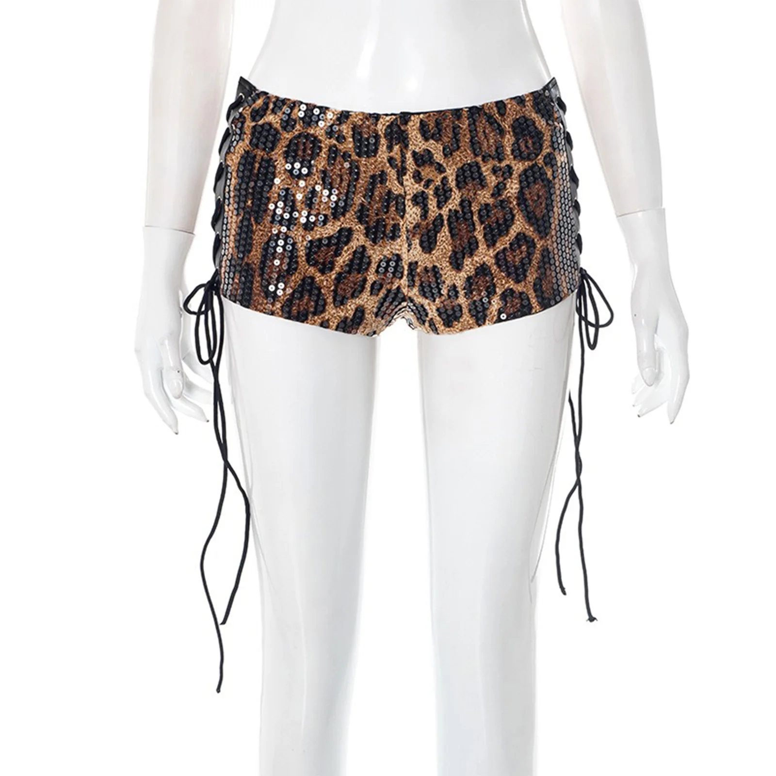 

Women Hot Pants Glittery Sequin Leopard Shorts Stylish Side Eyelets Lace-up Low Waist Booty Shorts for Nightclub Raves Party