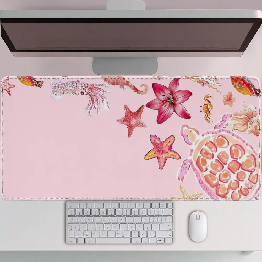 Ocean Life Desk Mat Extra Large Gaming Mouse Pad Pink Turtle Starfish Squid for Office