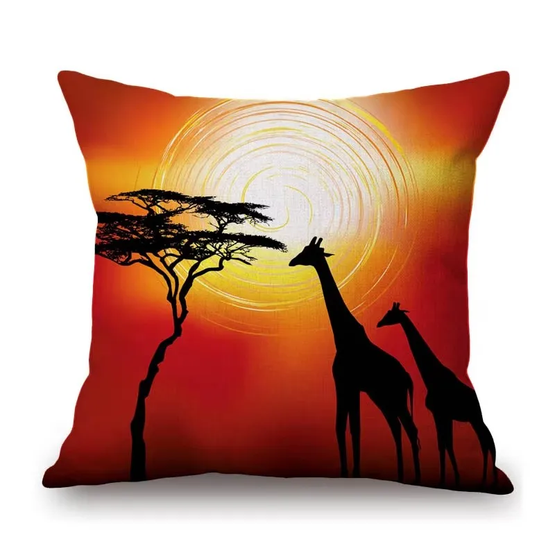 Africa Sunset Breathtaking View Scenery Art Gallery Decorative Throw Pillow Case African Animal Giraffe Elephant Cushion Cover