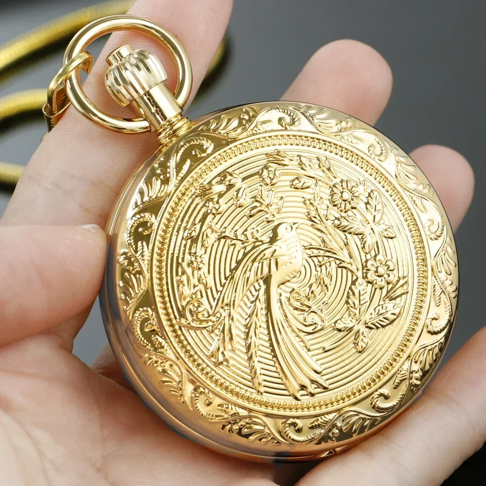 Retro Golden Charm Elegant Bird Flowers Design Golden Pure Copper Mechanical  Pocket Watch Men Antique Style Gift Timepiece Male