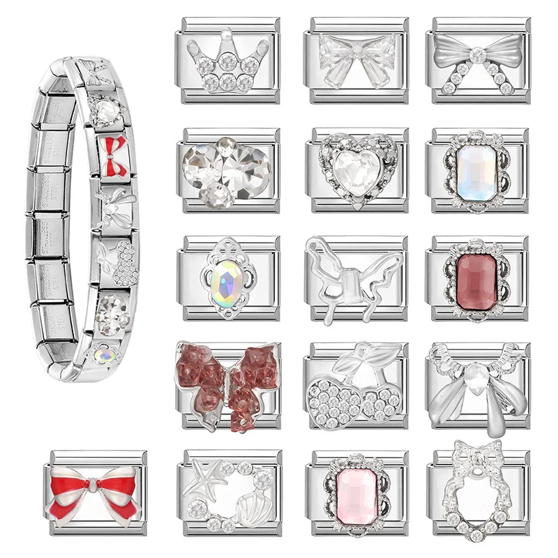 Zircon Cherry Butterfly Rose Bow Knot Heart Flowers Italian Charm Links Fit 9mm Stainless Steel Bracelet Women DIY Making Gifts