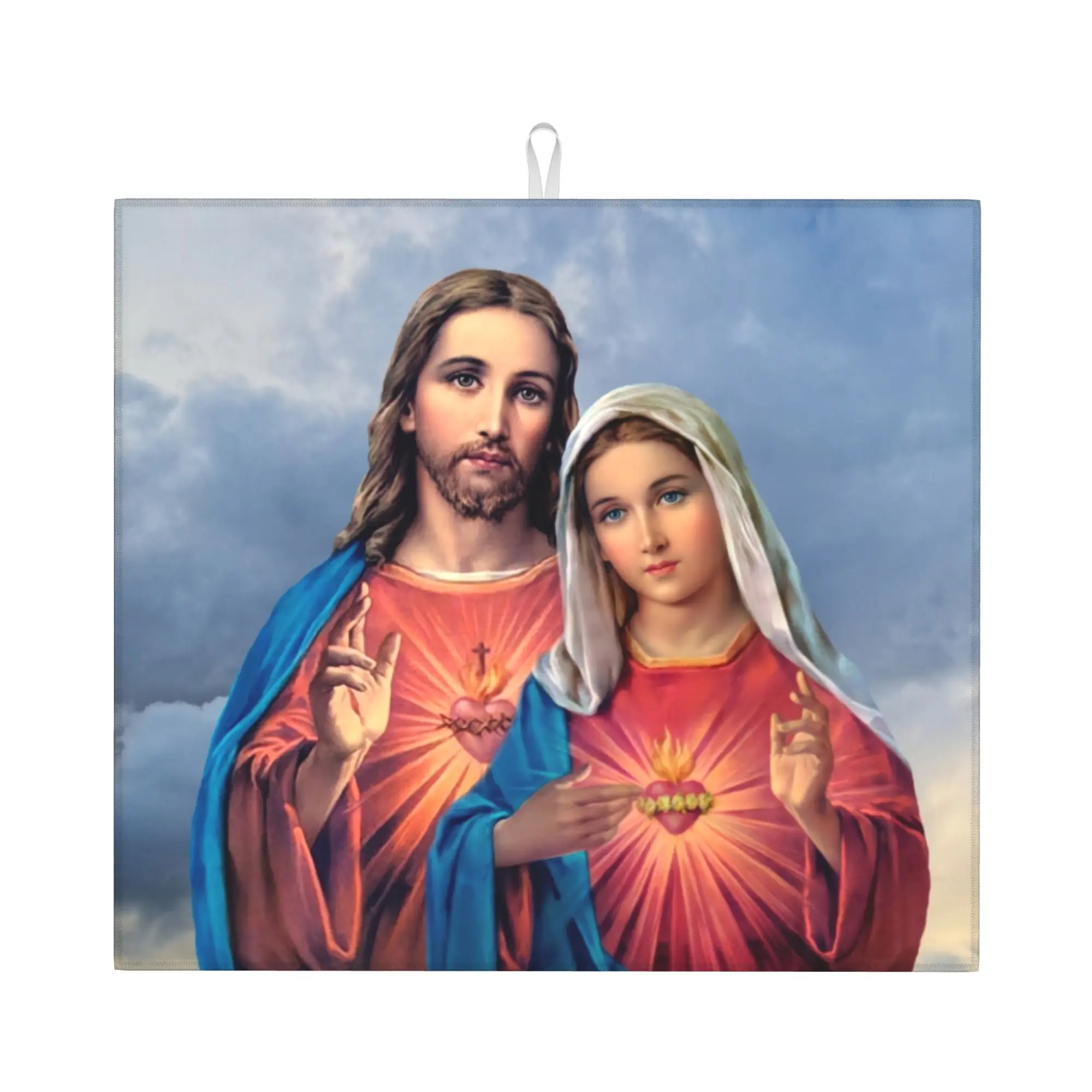 Sacred and Immaculate Hearts Drying Mat For Kitchen Waterproof Catholic Jesus and Mary Bathroom Countertop Protector Mat