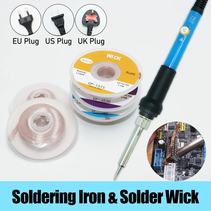 

60W Electric Soldering Iron and 3M Desoldering Mesh Braid Copper Wire flux for Phone BGA PCB Welding Wick Soldering Remove Tool