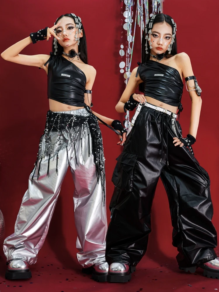 Kpop Jazz danse scène Costume filles argent haut court Shuffle pantalon Hip Hop ensemble mode défilés spectacle tenue rue Dancewear 2214