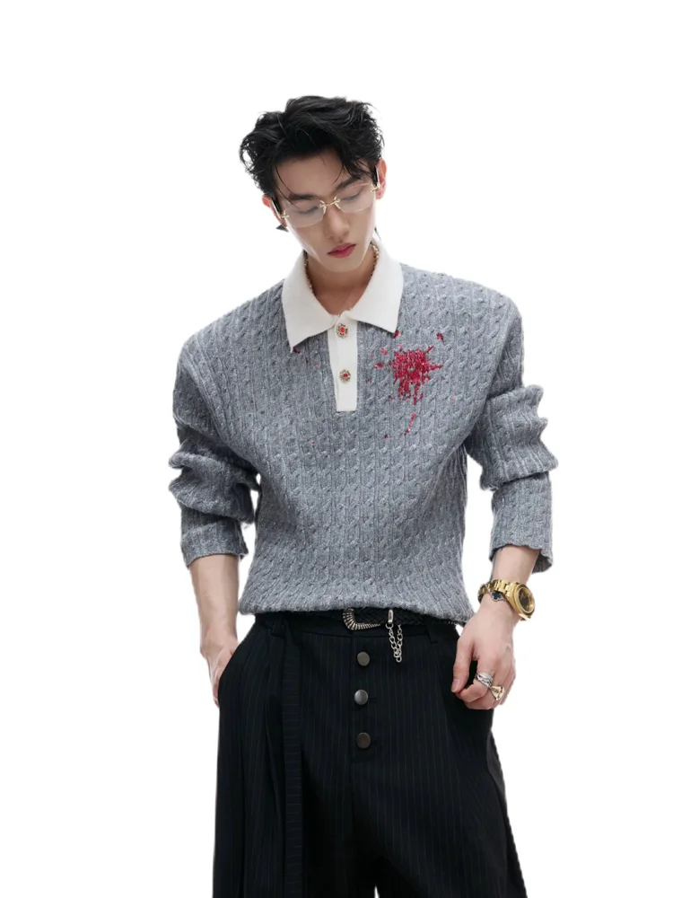 

Ретро-свитер с бриллиантовыми пуговицами, приталенный, вязаный, с яркими блестками на воротнике, осенне-зимний, новый, молодежный, мужской, повседневный топ