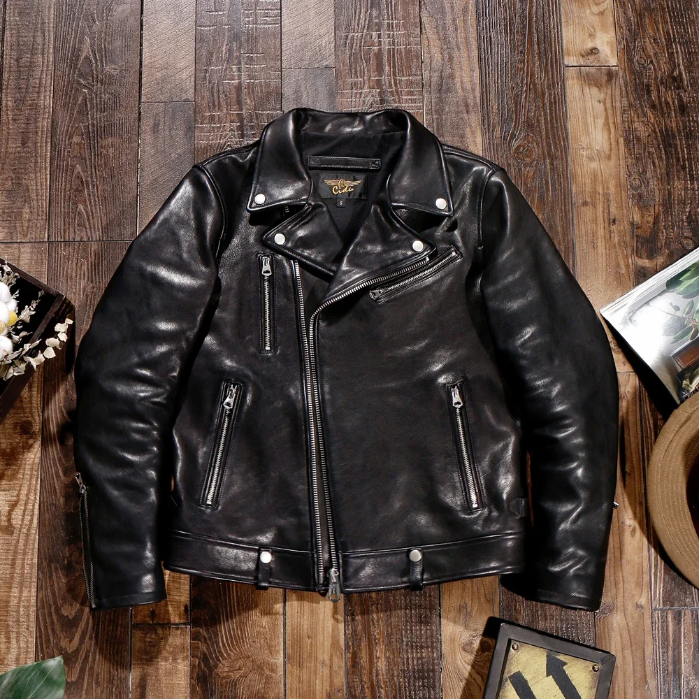 

Tailor Brando J-35 Italian Uncoated Vegetable Tanned Sheepskin Japanese Lapel Diagonal Zipper Men's Leather Biker Jacket