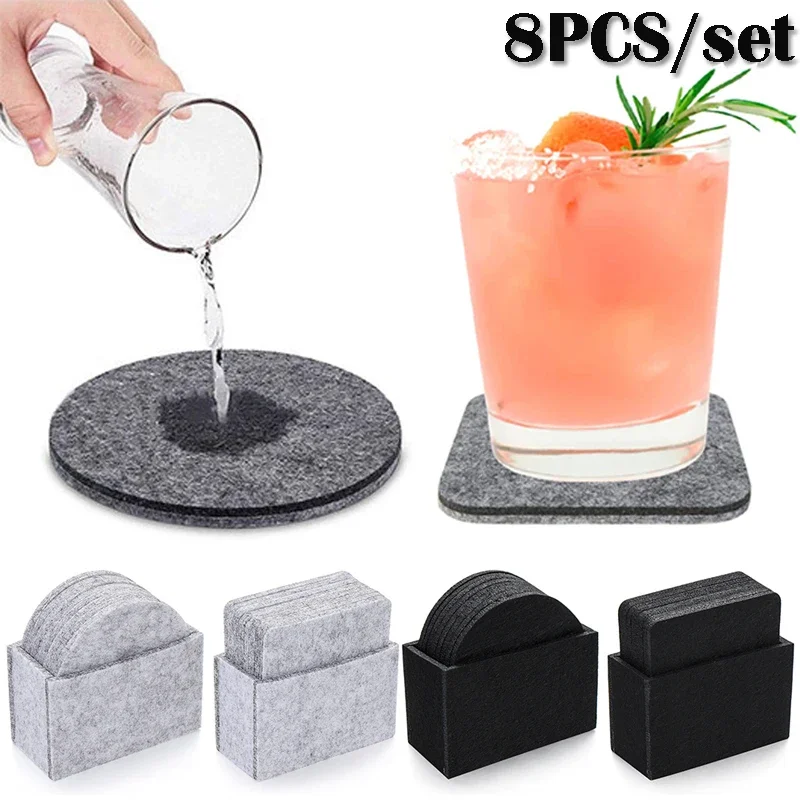 8PCS Felt Coasters Waterproof Square/Round Coaster with Storage Box Bowl Plate Placemats Drink Accessories Kitchen Supplies