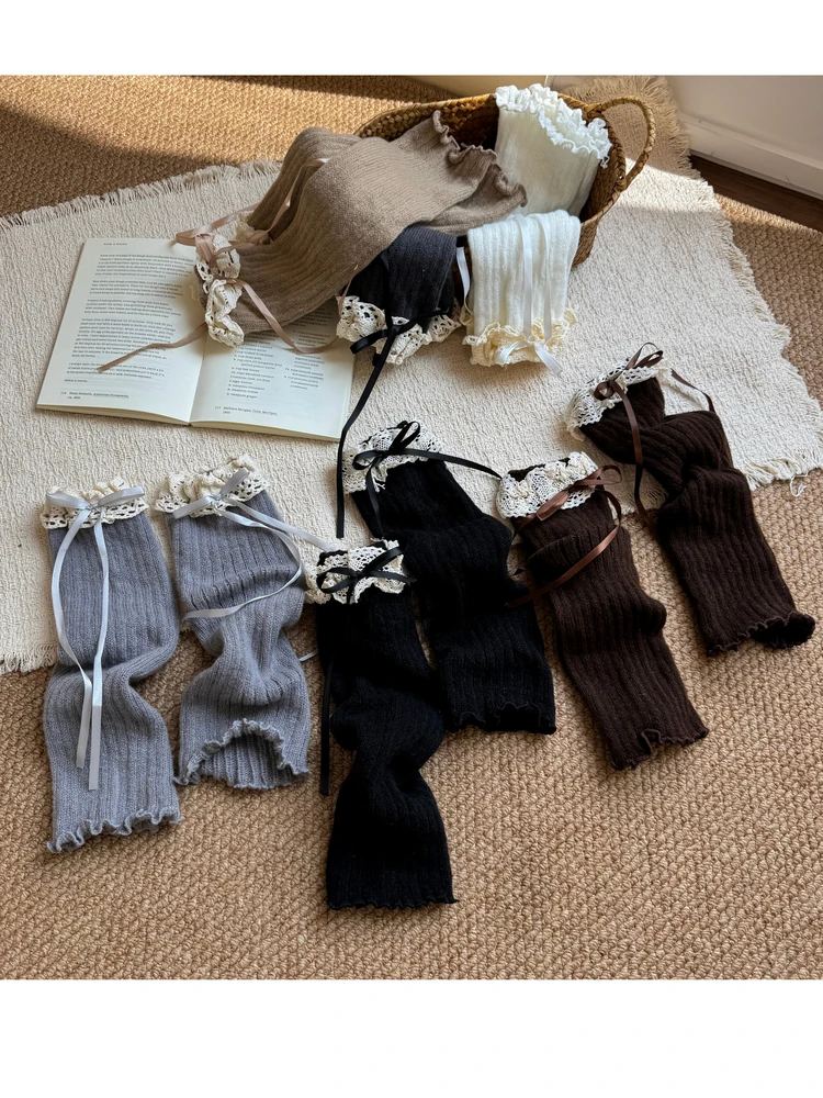 Gentle Wind Style Women's Long Socks with  Knot And Loose Ribbon Elegant Lace Trim Socket Covers for JK Outfits