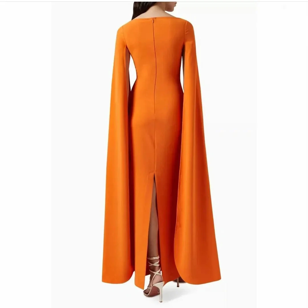 Saudi Orange Crepe Evening Dresses with Slit Sheath Long Sleeve Bateau Party Gowns فساتين السهرة Ankle Length Women Prom Dress