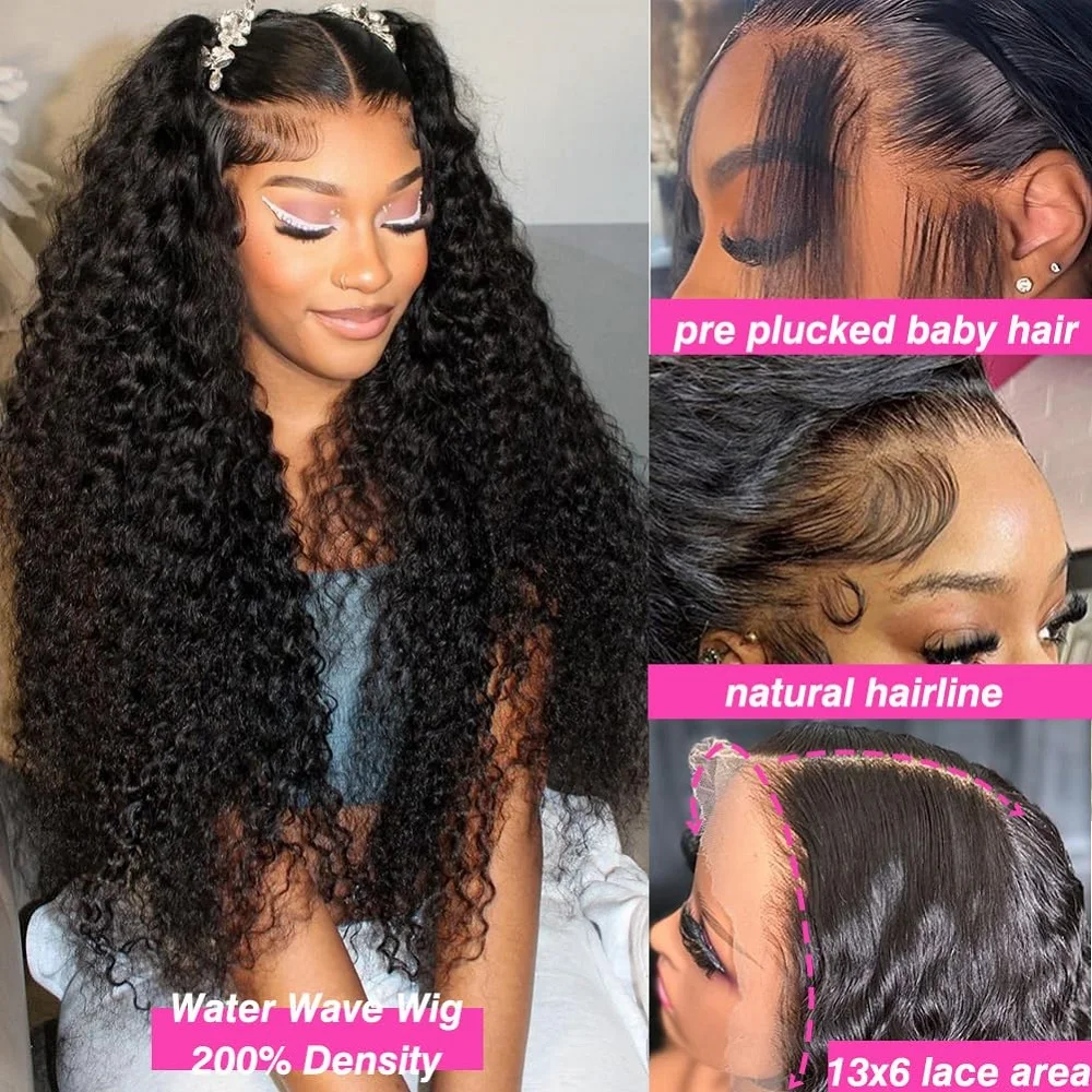 

30 Inch Water Wave Lace Front Wigs Human Hair 200 Density 13x4 HD Lace Frontal Wigs Human Hair Pre Plucked Deep Curly Glueless
