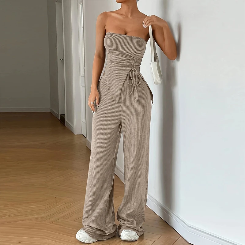 Summer Fashion High-Low Cut Wrap Front Top with Side Split Straight Leg Pants Set for Women Sexy Two-Piece Outfit