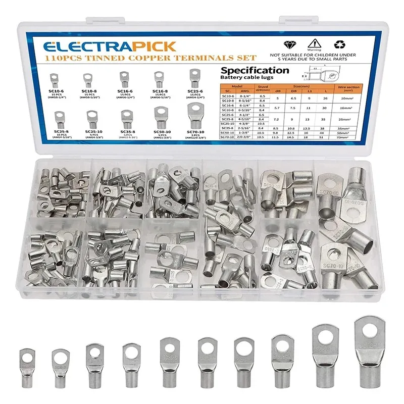 110PCS Wire Crimp Connector Tinned Copper Ring Terminals Soldered Connector Kit Battery Terminal  Wire Connector Terminals