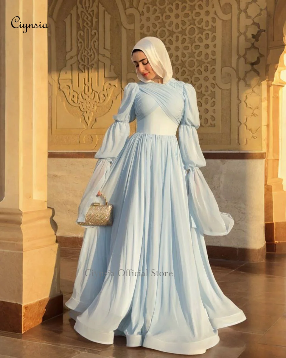 Ciynsia Personalizowana Jasnoniebieska Sukienka Wieczorowa z Wysokim Dekoltem, Warstwowymi Rękawami, Linia A, Sukienki na Formalne Okazje, Księżniczka, Szyfonowa Suknia Balowa