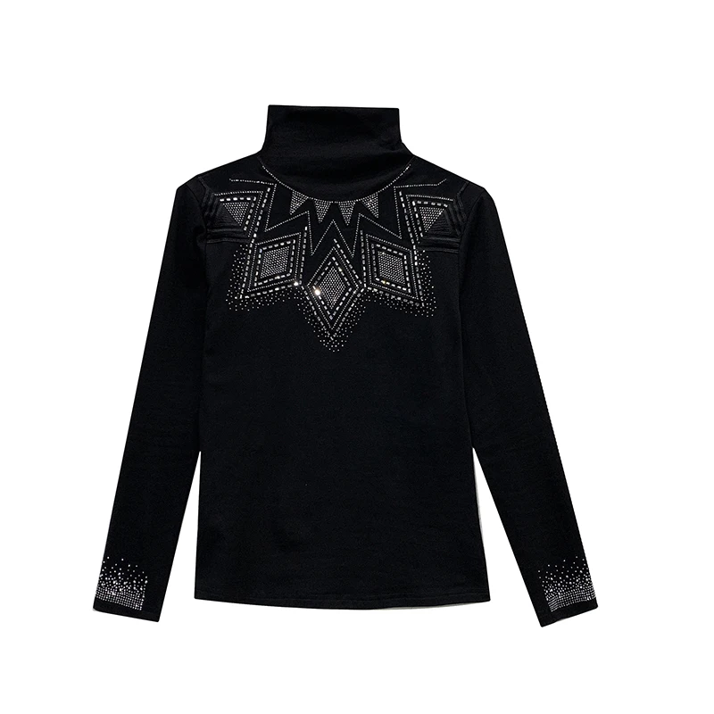 2024 Autumn Winter Long Sleeve Bottoming T shirt New High Collar Diamond Tees Patchwrok Black Sexy Women Tops