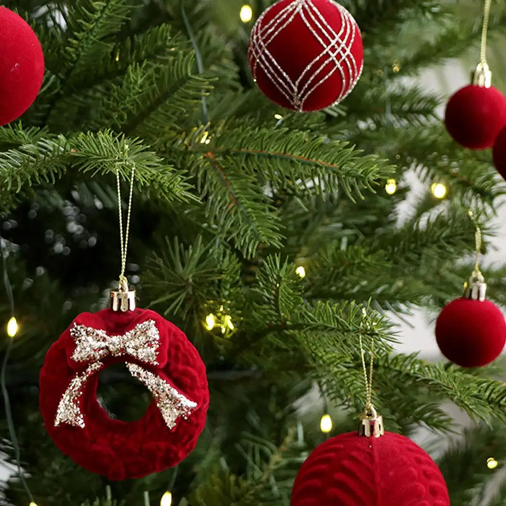 46pcs Velvet Flocked Christmas Tree Ornaments Multi‑Style Hanging Baubles Glitter Bow Decor For Holiday Xmas Party Home Decor