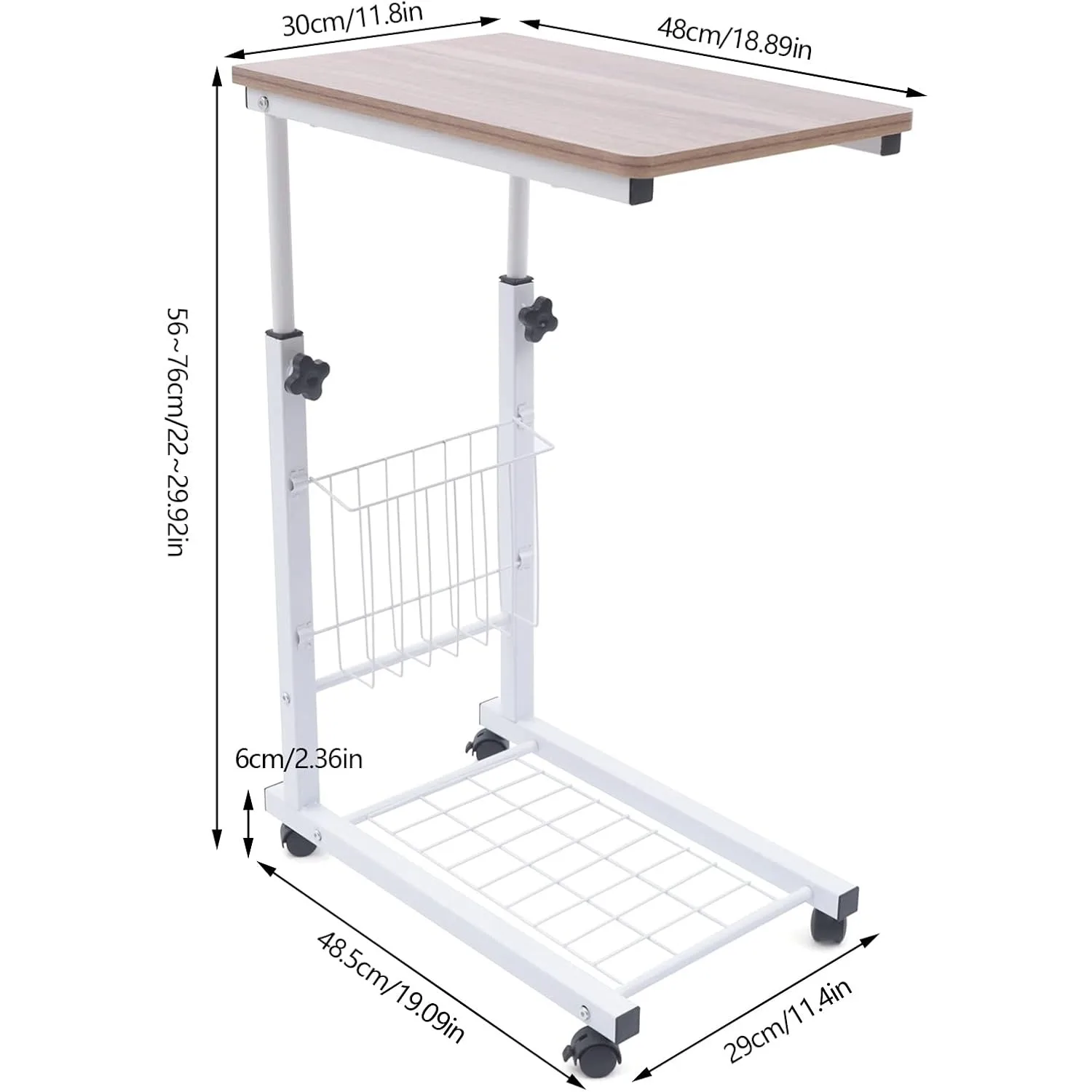 Mobile Sofa Side Table, Adjustable Rolling Bedside Table with Side Basket, Notebook Tablet Coffee Tray Portable Snack End Table