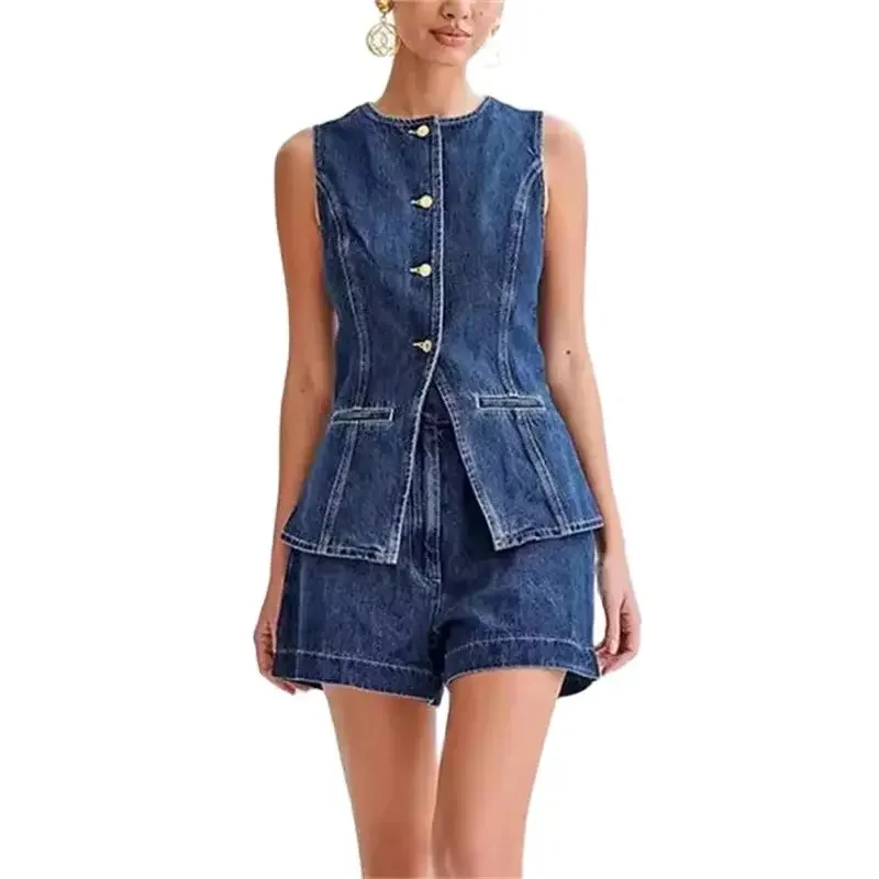 

2024 Vintage Casual Denim Suits Back Split Women Sleeveless Button Splicing Slim Jacket Female Two Piece Sets High Waist Shorts