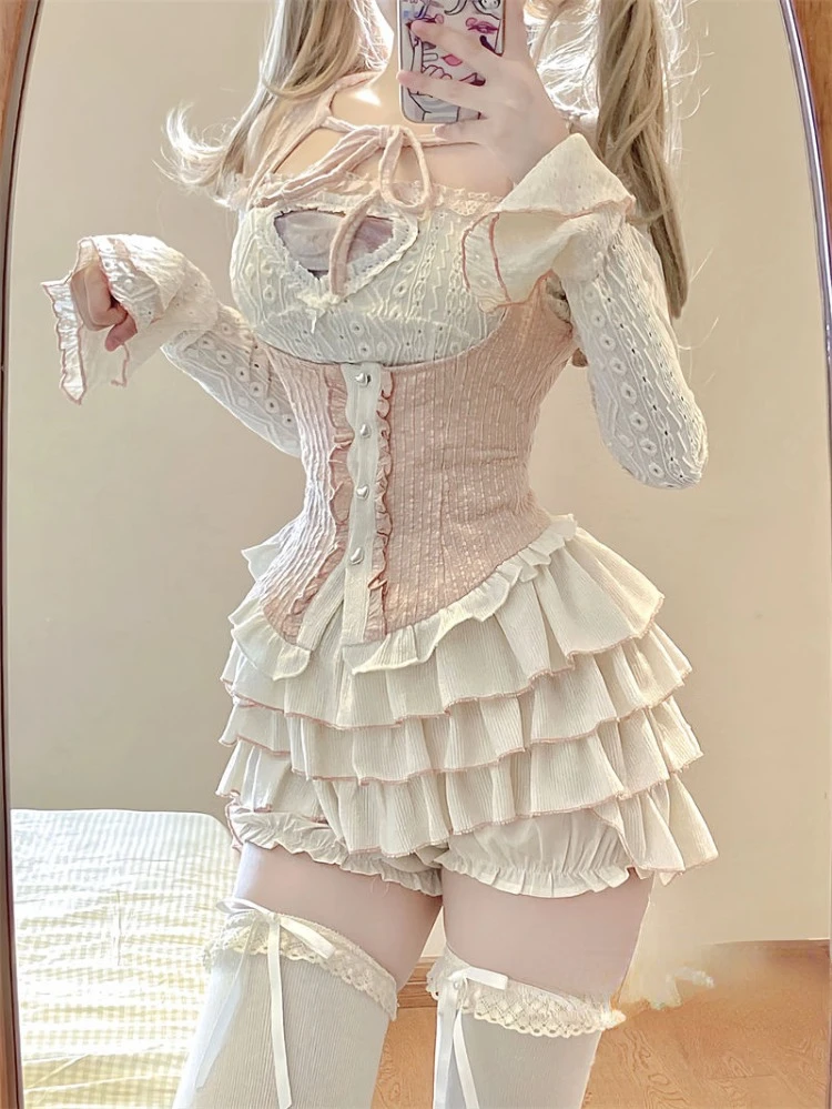 Japanese Style Kawaii Clothing 3 Piece Skirts Set Women Bodycon Slim Even Party  2024 Autumn Lolita Suits Y2k Crop Tops