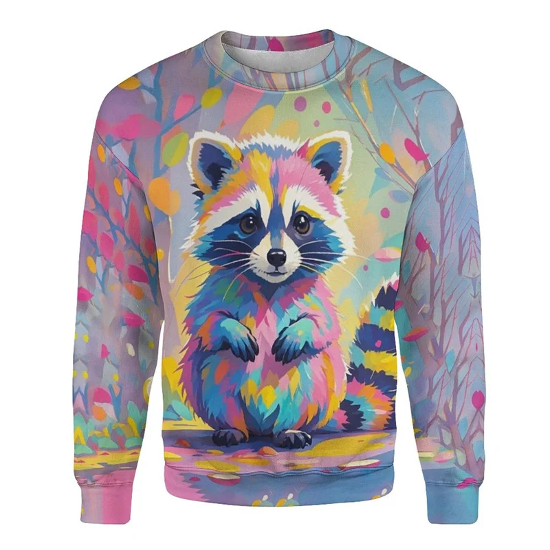 

3D Print Cute Raccoon Christmas Sweatshirt For Men Women Funny Animal Pattern Pullover Casual Loose Holiday Tops O-Neck Hoodies