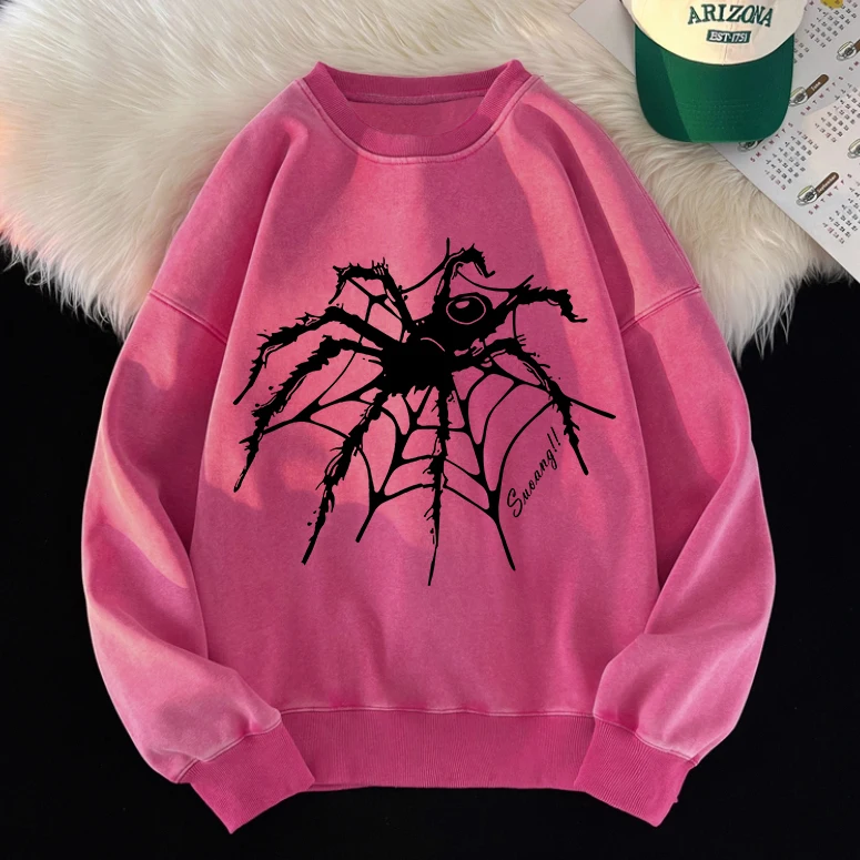 

Autumn Womans Acid Wash Hoodie Spider Graphic Printing Sweatshirt Crewneck Fleece Oversized Pullover Fashion Washed Streetwear