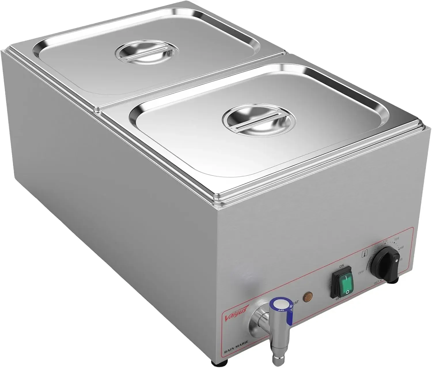 สแตนเลสเกรดเชิงพาณิชย์ 2 ส่วน 19 Qt Bain Marie บุฟเฟ่ต์อุ่นอาหารโต๊ะไอน้ําพร้อมระบบควบคุมอุณหภูมิ ฝาปิด และ Wa