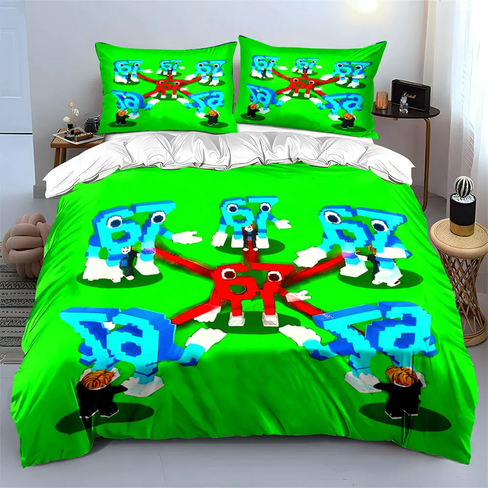 3D 67 vs 61 Bedding Set 3 Pieces, Blocky Number Monster Print Duvet Cover, Bright Green Background Pattern for kids Bedroom
