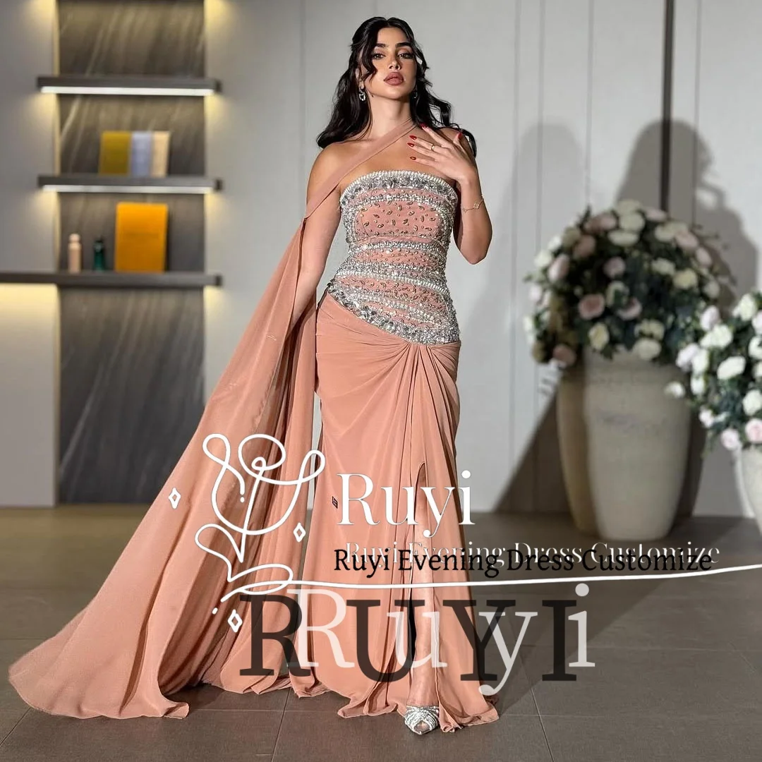 

Customized Handbeadings Crystal Luxury Evening Dresses Halter Cape 2025 Women Wedding Elegant Party Dress Arabia Prom Gown