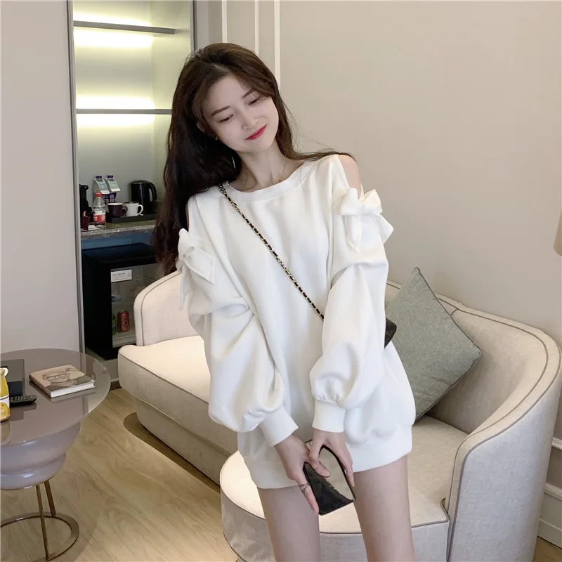 Summer New Loose Design All-match Classic Aesthetic Tender Leisure Lovely Sweatshirts Women Bow Off Shoulder Trendy Solid Tops