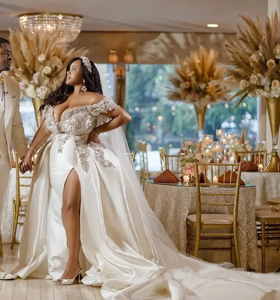 Vestidos de novia de sirena de talla grande personalizados, vestidos de fiesta nupcial con abertura frontal de encaje y hombros descubiertos, vestido de novia