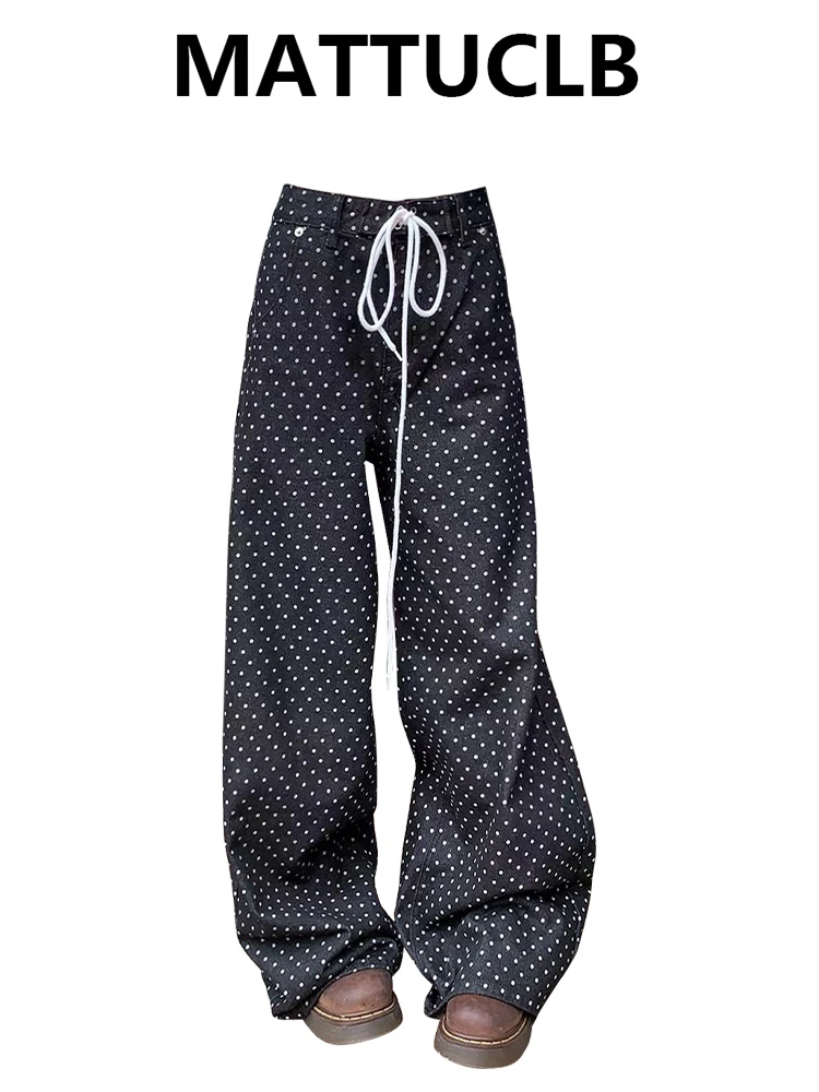 Осень-зима 202, женские корейские дизайнерские джинсовые брюки на шнурке Y2K, мешковатые джинсы в горошек 2000-х годов, японские джинсы в стиле Харадзюку, новинка