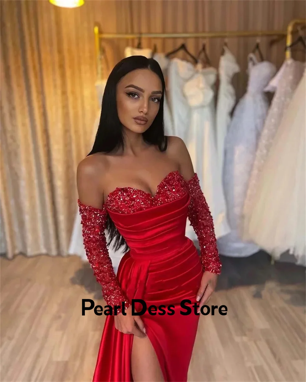 2024 Women's strapless pleated evening gown with shiny satin side slit evening gown image 4