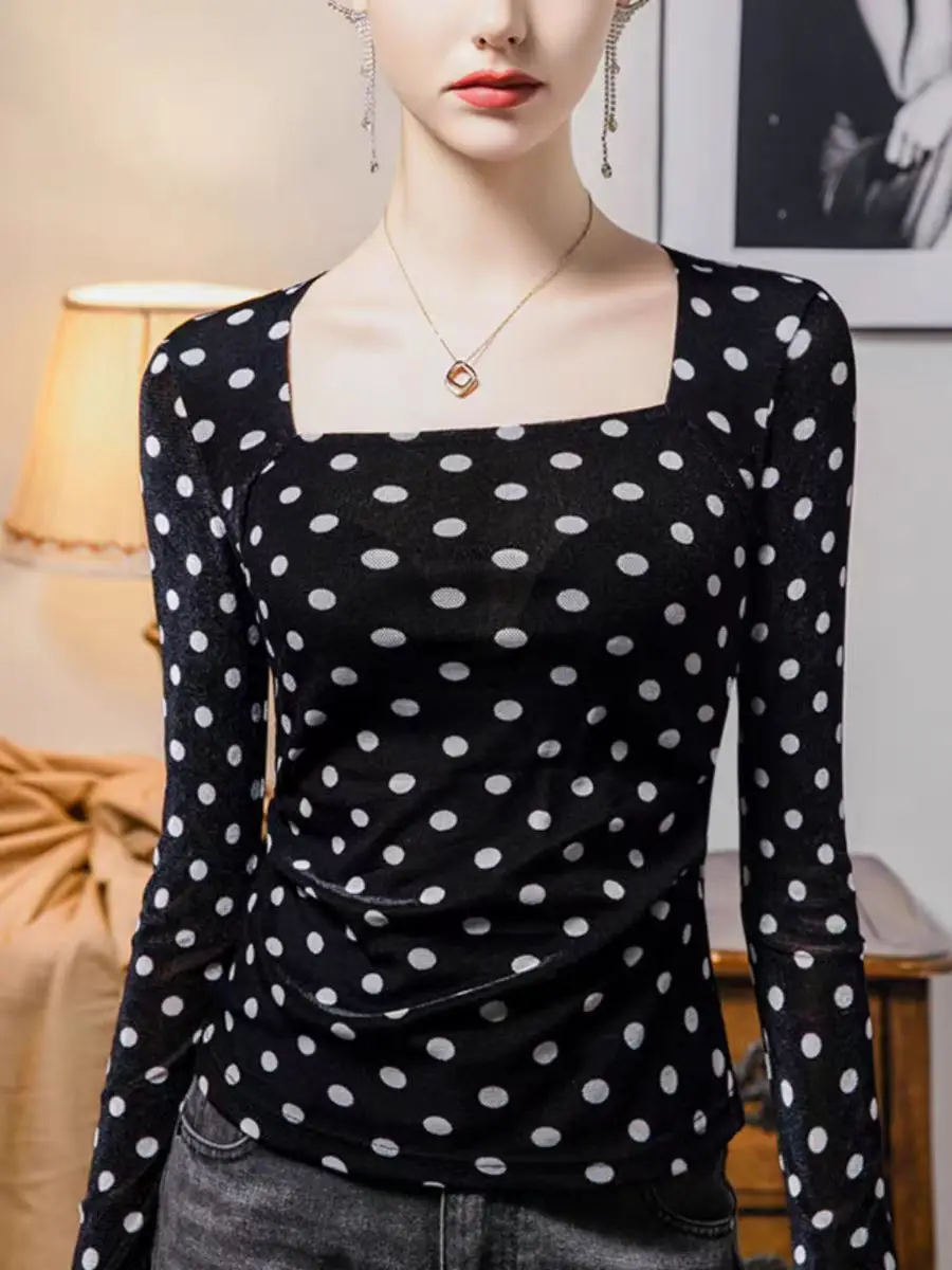Wiosna Jesień Długi Rękaw T Shirt Kobiety Flokowane Kropki Siatkowe Fałdy T Shirt Femme Koreańska Moda Obcisła Kobieta T Shirt