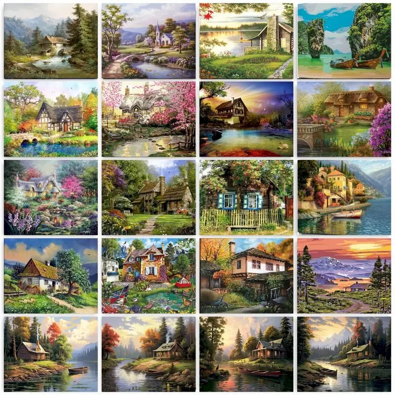 GATYZTORY DIY Painting By Numbers Paint Kit Village Landscape Drawing With Numbers Adults Crafts Home Decors For Handiwork