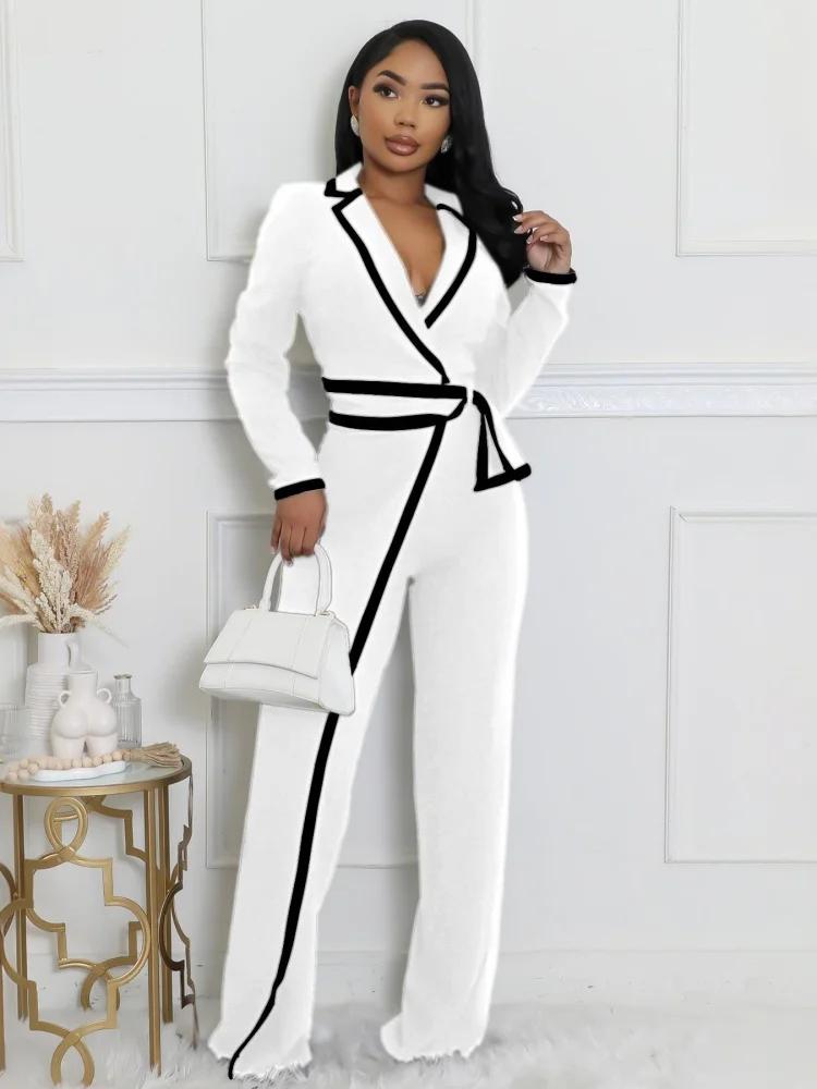 

Three Sisters New Arrivals Autumn Winter Fashion Leisure Commuting Woman Clothing Solid Color V-neck Long Sleeved Jumpsuit