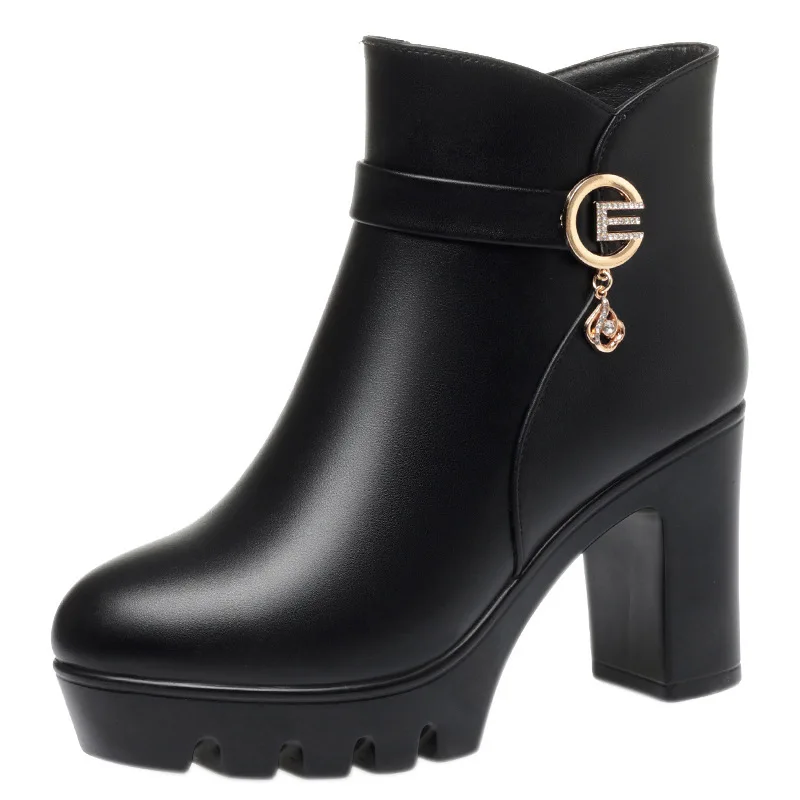 Women's Ladies Mother Famale Winter Ankle Boots PU Leather Fur Warm Plush Shoes Fashion Zipper Chunky Heel Women Short Boots
