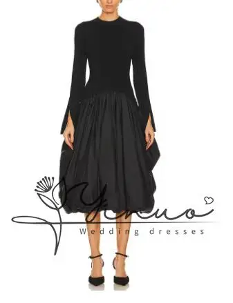 

customized Evening Dress Balck A Line Women's Prom Gown Long Sleeves Ball Gown Formal Party Dress Tea Length Saudi Dress