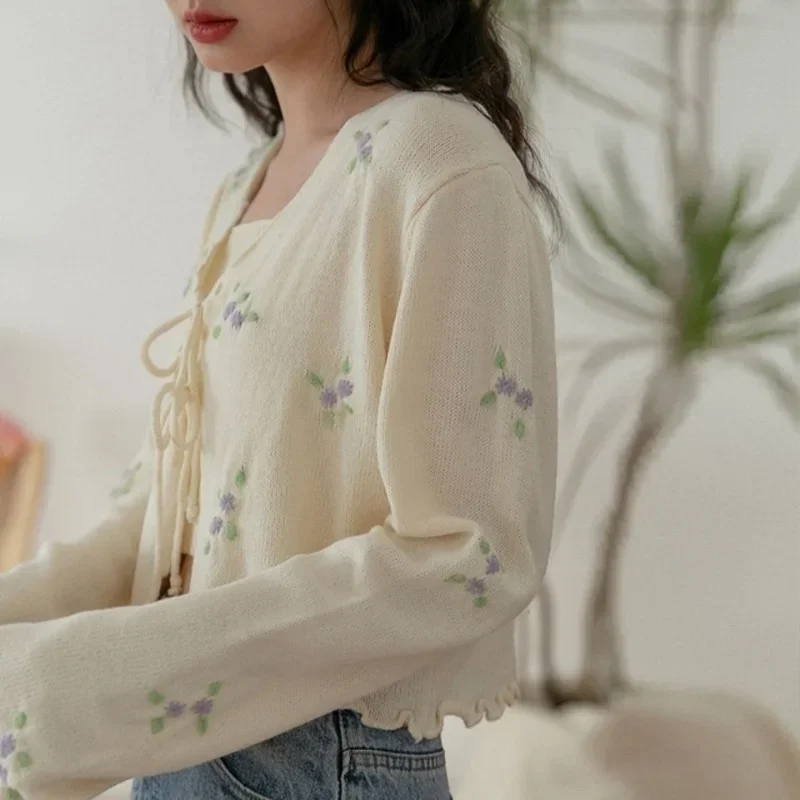 Spring Cardigan V Neck Lace-up Korean Fashion Two Piece Sets Camis Solid Women Y2k Short Length Floral Mori Girl Style Crop Tops