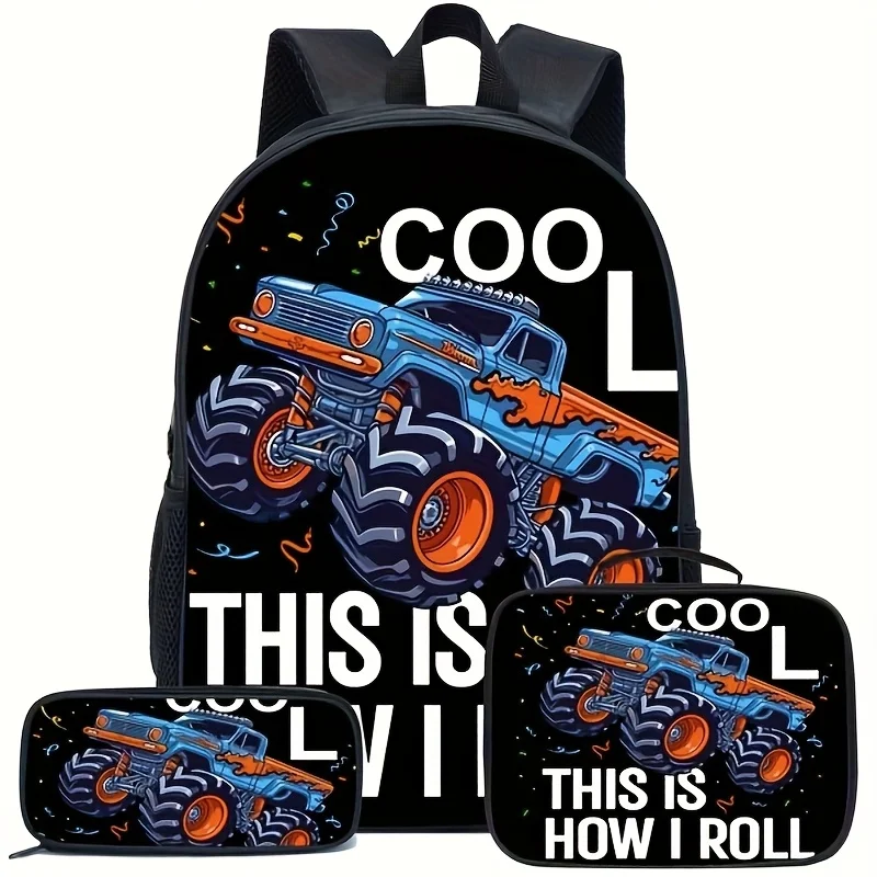 

Boys Off-Road Vehicle Print Three-Piece Backpack Set Cool Schoolbag for Boys Elementary School Student Back-To-School Season
