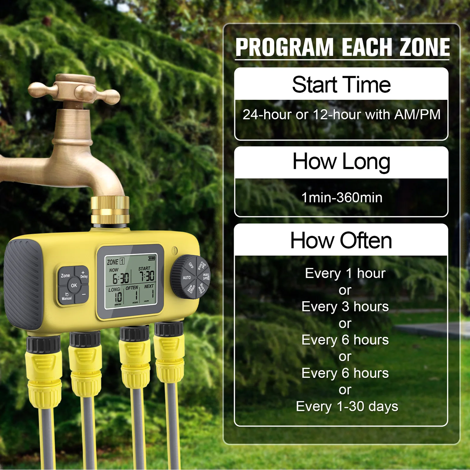 

YZD04 Irrigation Timer 4 Zone Independent Programmable 3/4in Brass Inlet IPX5 Sprinkler Timer with Rain Delay for Yard Lawn