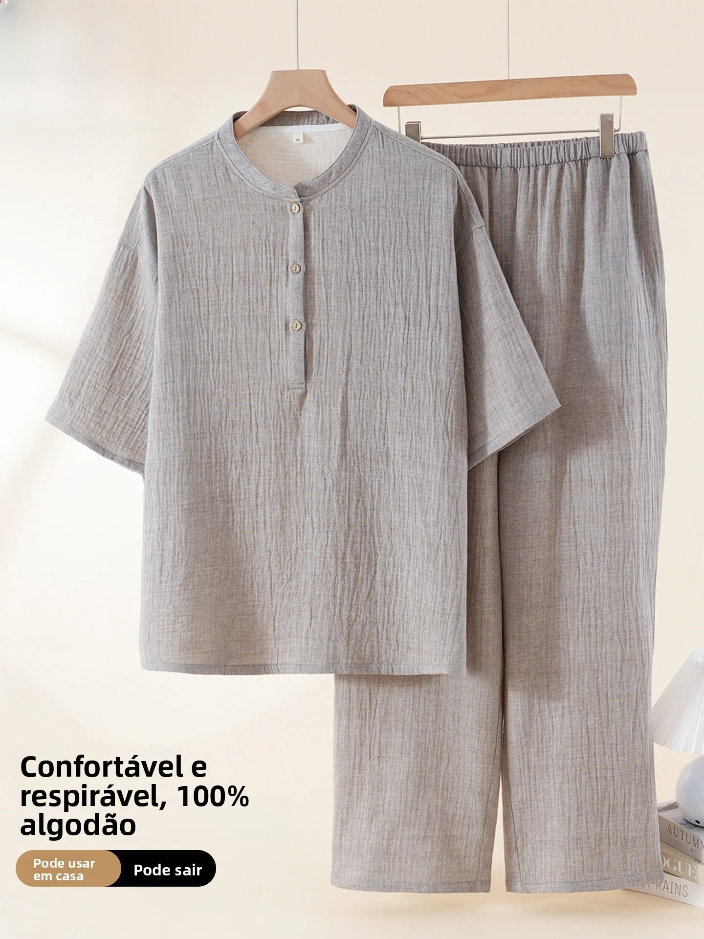 chemise-de-nuit-homme-en-flanelle-de-coton-pur-manches-courtes-legere-confortable-et-respirante-grise-mode-maison-d'Ete